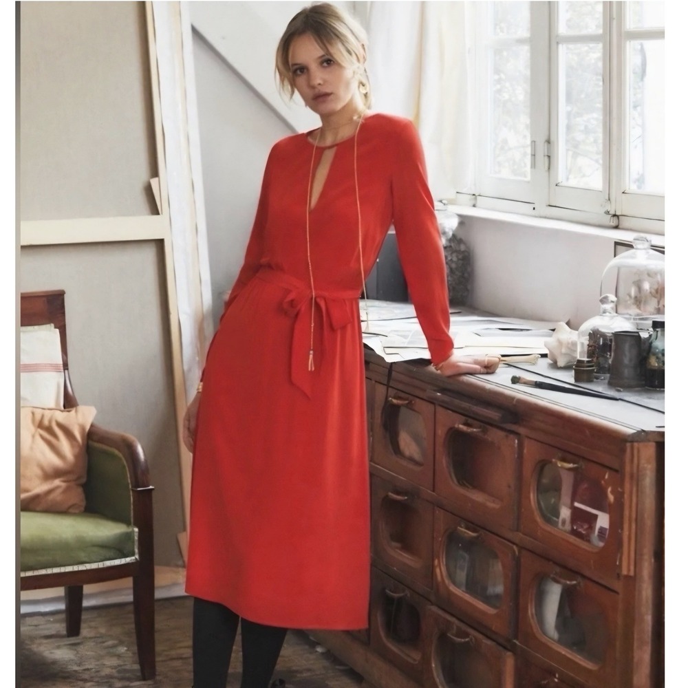 Sezane Victoire 100% Silk Red/Framboise Keyhole Midi Dress EU 34 US 2-4 No Belt